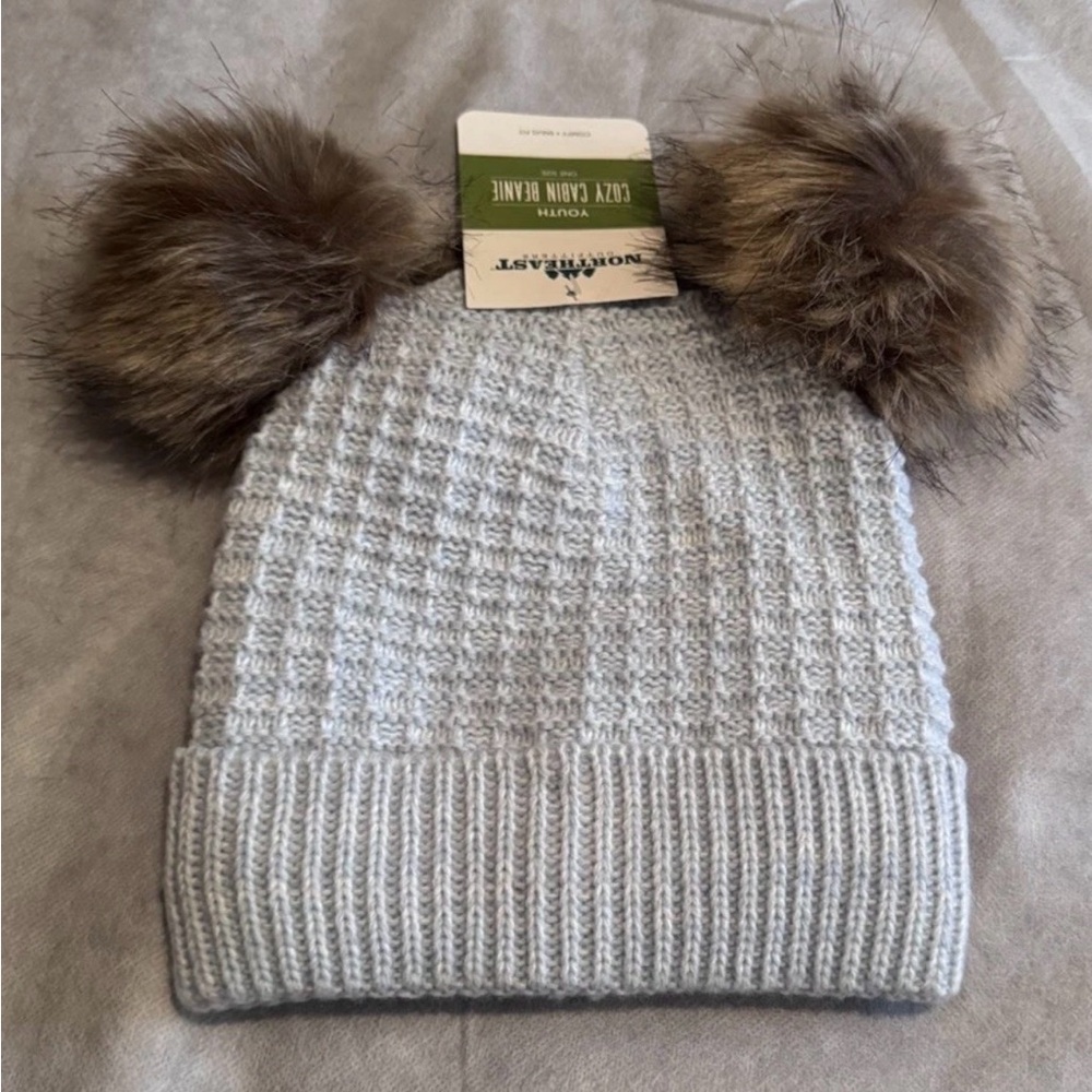 Kids' Gray Knit Hat with Brown Pom Poms